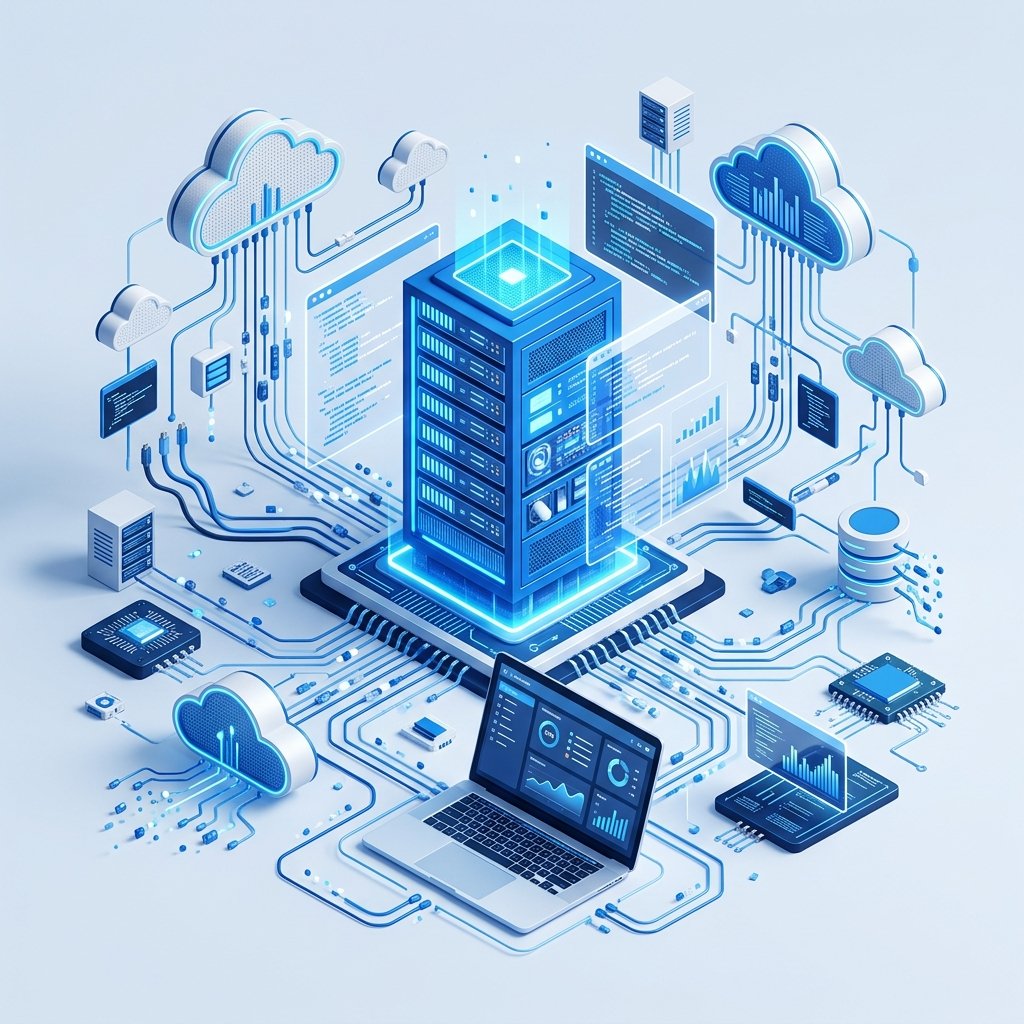 Isometric illustration of interconnected cloud servers, code windows, and data flows representing Altivian Systems' engineering services